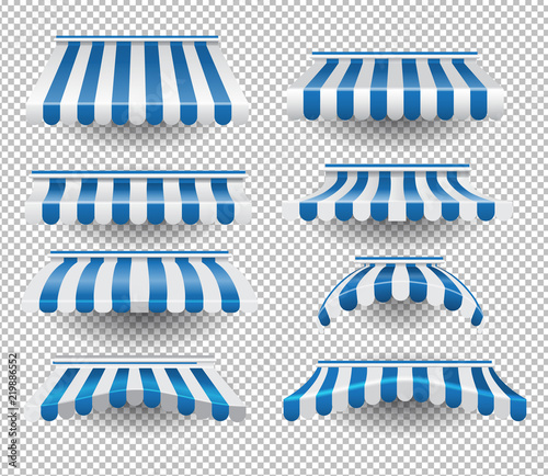 Vector set of white and blue colored striped tents of different shapes on transparent background