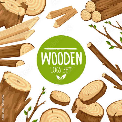 Creative design of banner with round emblem Wooden logs set in arrangement with wood stubs and branches