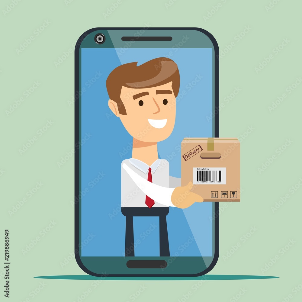 Young man from smartphone screen sending cardboard box isolated on background, Delivery service concept. Vector illustration flat design. Shipping service.