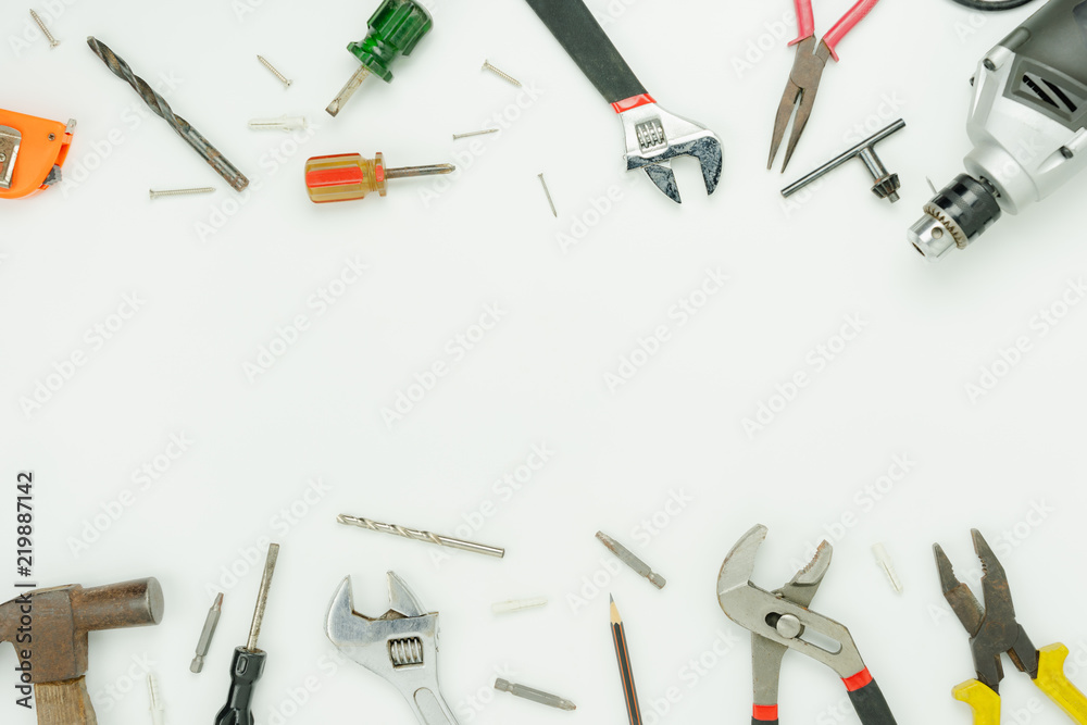 Table top view aerial image of decoration the sign of USA labor day on Sep 3,2018 background concept. Flat lay accessories of essential tools worker on modern white wooden.Free space for design text. Table top view aerial image of decoration the sign of USA labor day on Sep 3,2018 background concept. Flat lay accessories of essential tools worker on modern white wooden.Free space for design text.