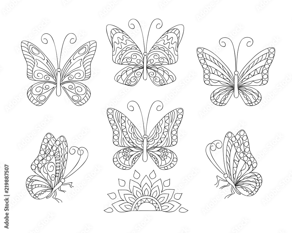 Fototapeta premium black and white ornamental butterfies for adult coloring
