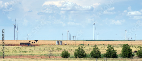 Bild auf Leinwand Typical landscape of Texas: endless fields, wind generators, oil pumps, rare gre