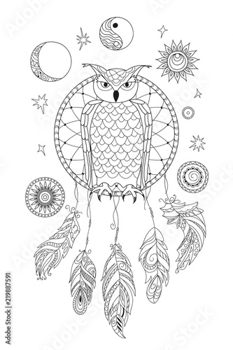 black and white ornamental owl on the dreamcatcher for adult coloring