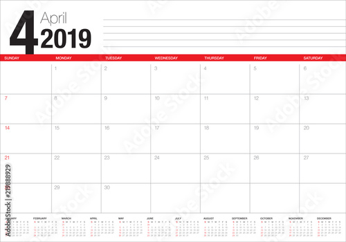 April 2019 desk calendar vector illustration