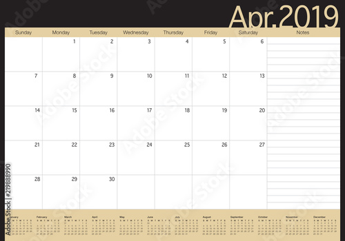 April 2019 desk calendar vector illustration