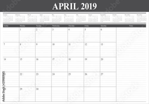 April 2019 desk calendar vector illustration