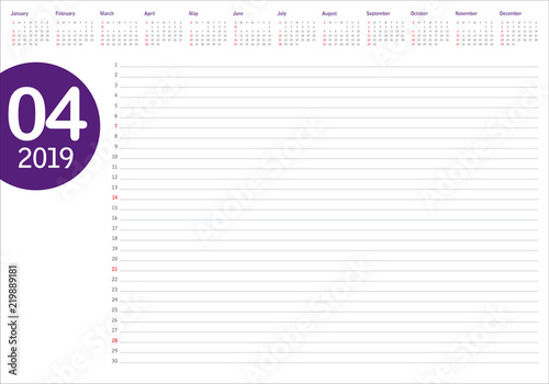 April 2019 desk calendar vector illustration