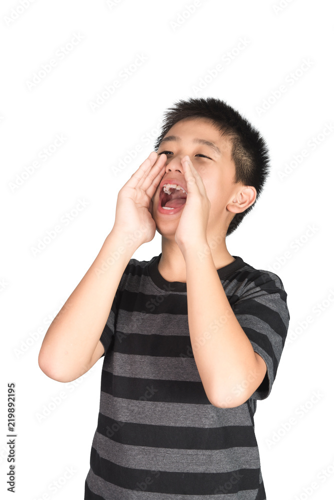 Asian child yelling, screaming, shouting, hand on mouth, isolated on white background. Asian child yelling, screaming, shouting, hand on mouth, isolated on white background.