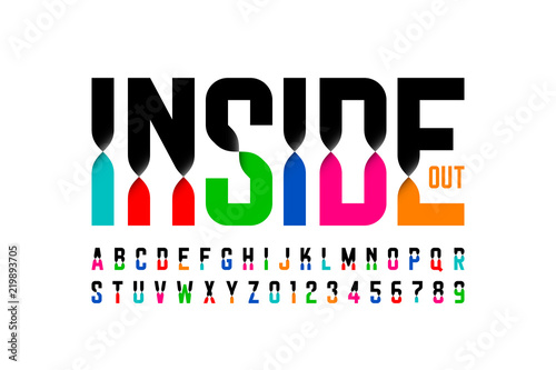 Colorful inside out font, alphabet letters and numbers