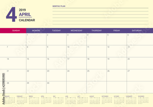 April 2019 desk calendar vector illustration