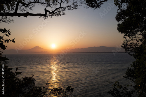 View of the sea and Mt. Fuji from Enoshima island at sunset, Kanagawa, Japan.