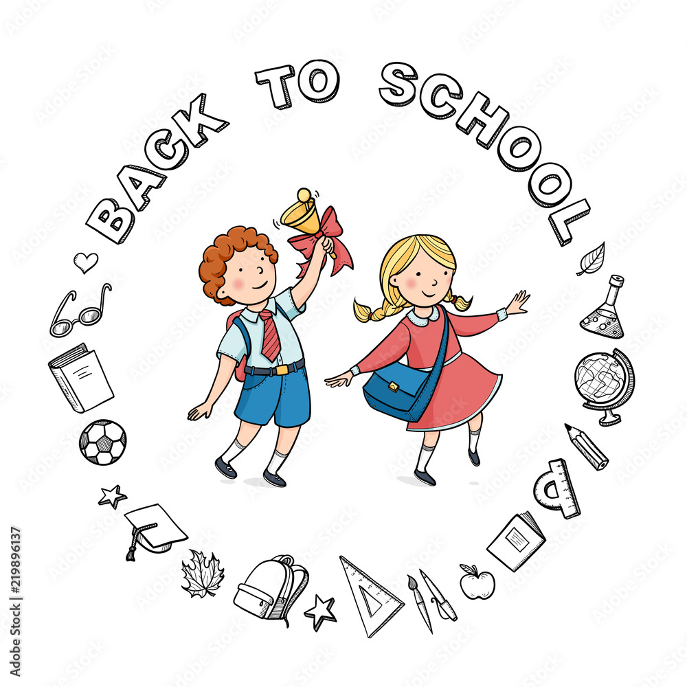 Vector banner back to school. Children run happily. around icon Vector banner back to school. Children run happily. around icon
