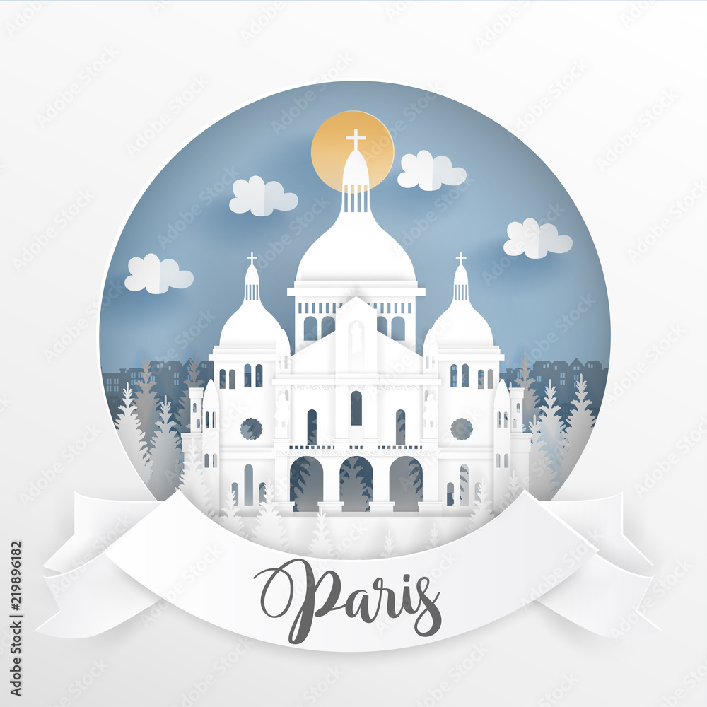 Paper cut style of world famous landmark of Paris, France with white frame and label. Travel postcard and poster, brochure, advertising Vector illustration.
