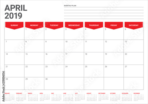 April 2019 desk calendar vector illustration