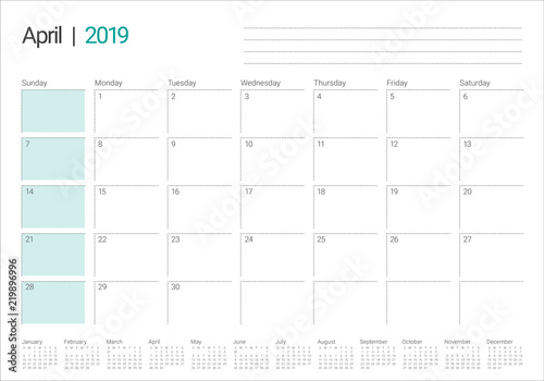 April 2019 desk calendar vector illustration