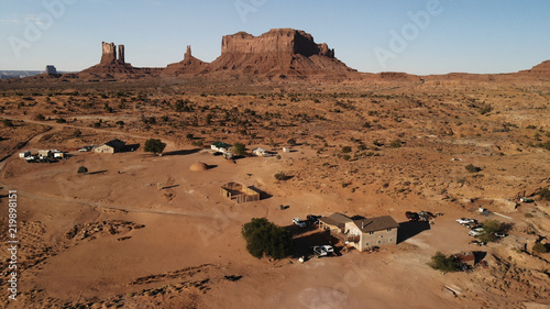 Village near the Oljato–Monument Valley in Arizona.  Ranch house. Aerial view, from above, drone shooting photo