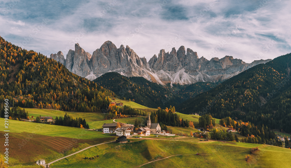 Santa Maddalena (St Magdalena) village with magical Dolomites mountains in background, Val di Funes valley, Trentino Alto Adige region, Italy, Europe