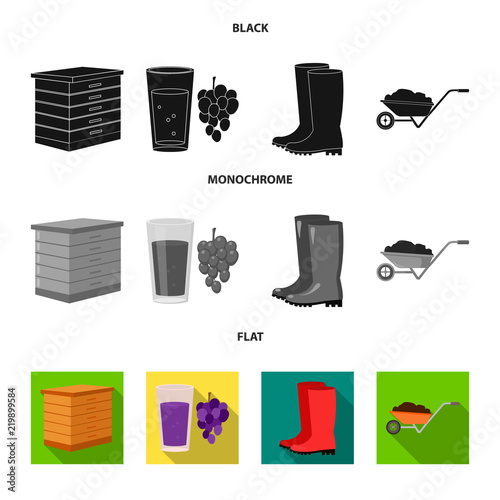 Hive, grapes, boots, wheelbarrow.Farm set collection icons in black, flat, monochrome style vector symbol stock illustration web.