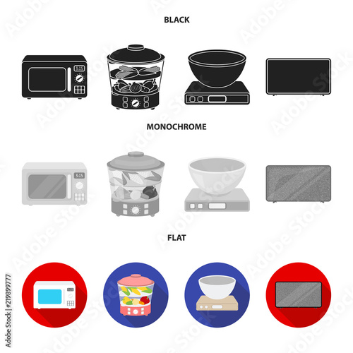 Steamer, microwave oven, scales, lcd tv.Household set collection icons in black, flat, monochrome style vector symbol stock illustration web.