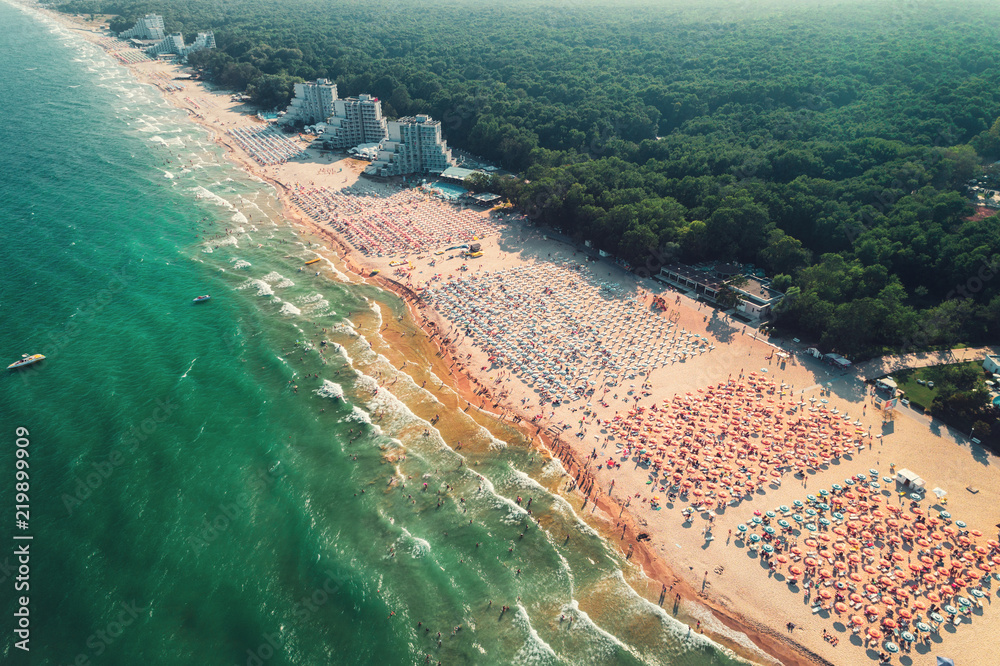 Aerial drone view of Albena sandy beach resort, Bulgaria - obrazy, fototapety, plakaty 