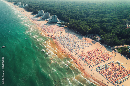 Aerial drone view of Albena sandy beach resort, Bulgaria
