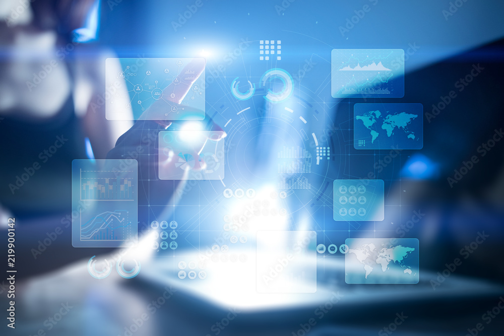 Obraz premium Virtual touch screen. Project management. Data analysis. Hitech technology solutions for business. Development. Icons and graphs background. Internet and technology.