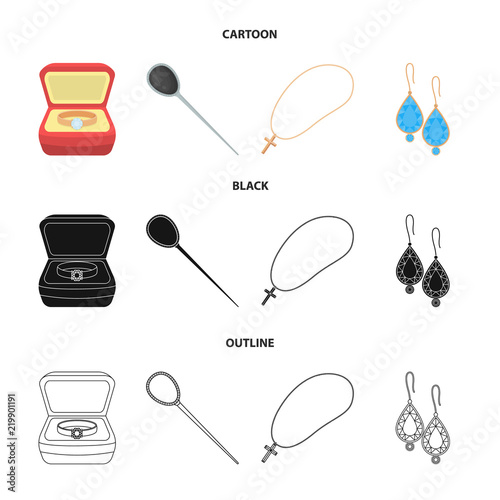 Ring in a case, hair clip, earrings with stones, a cross on a chain. Jewelery and accessories set collection icons in cartoon,black,outline style vector symbol stock illustration web.