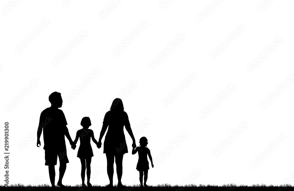 silhouette happy family with two kids walk on white background Stock