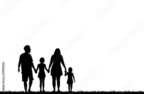silhouette happy family with two kids walk on white background