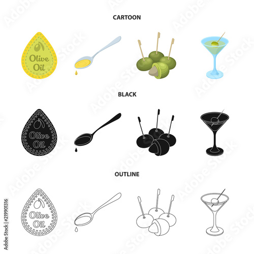 Label of olive oil, spoon with a drop, olives on sticks, a glass of alcohol. Olives set collection icons in cartoon,black,outline style vector symbol stock illustration web.