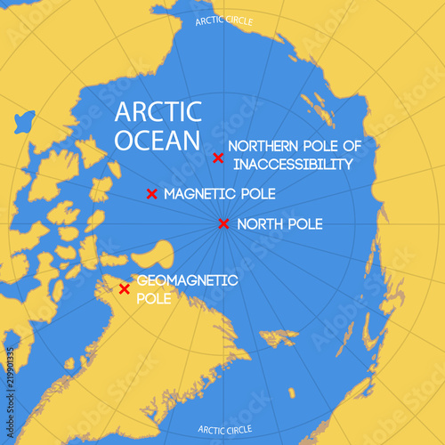 Schematic map of the location of the inaccessibility pole, North pole, geomagnetic and magnetic North pole