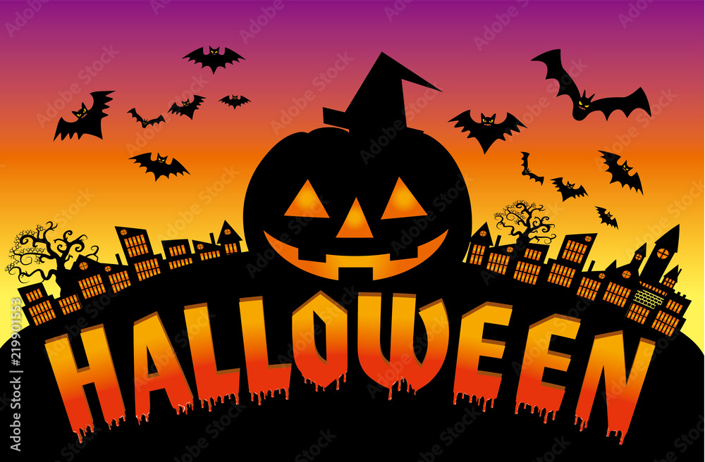 ハロウィーン用イラスト 街とコウモリとお化けカボチャのシルエット ハロウィン Halloween Stock Vector Adobe Stock