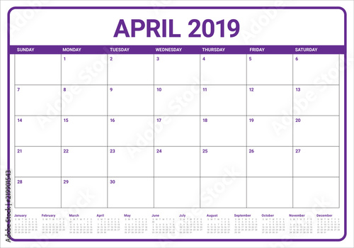 April 2019 desk calendar vector illustration