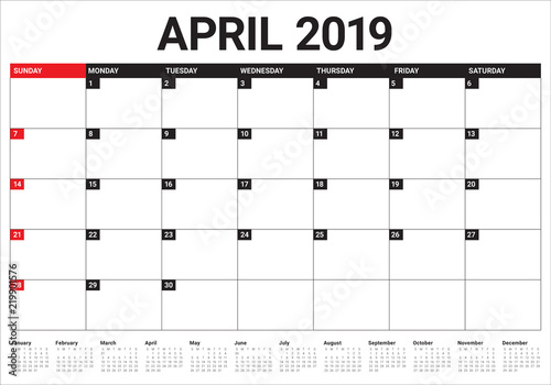 April 2019 desk calendar vector illustration