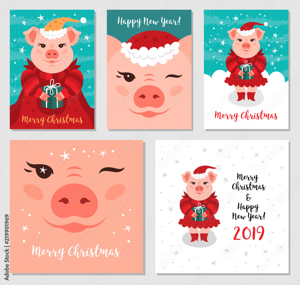 Funny Christmas pigs, Greeting cards Merry Christmas and New Year 2019. Pig  Santa Claus, Christmas cards Mega Bundle. Vector illustration EPS 10 Stock  Vector | Adobe Stock
