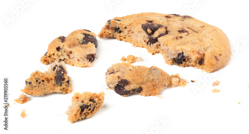 broken chocolate chip cookies isolated on white background. Sweet biscuits. Homemade pastry.