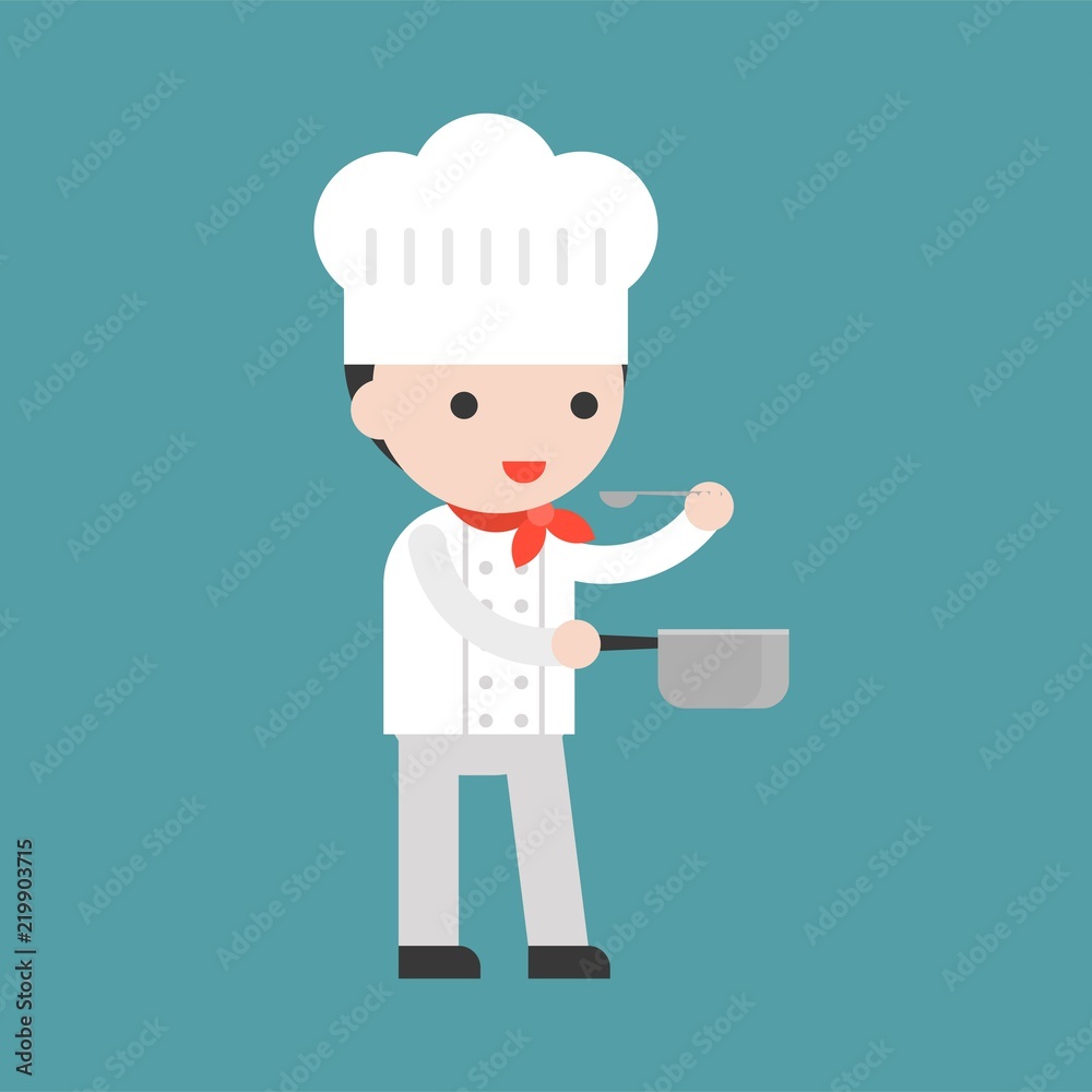 Cute chef tasting food while holding saucepan and spoon Cute chef tasting food while holding saucepan and spoon