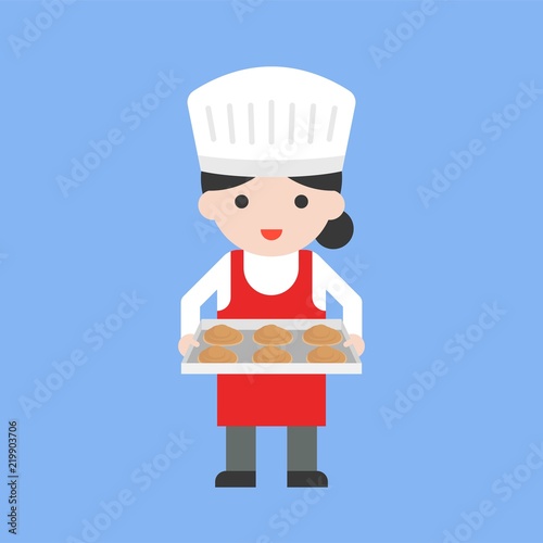 cute female pastry chef holding baking tray and fresh dough, flat design