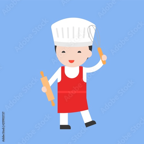 cute pastry chef with rolling pin, flat design