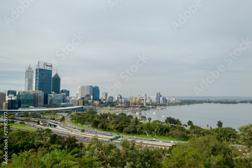Perth City Skyline panorama during day time with sky scrappers, roads and river taken from King's park