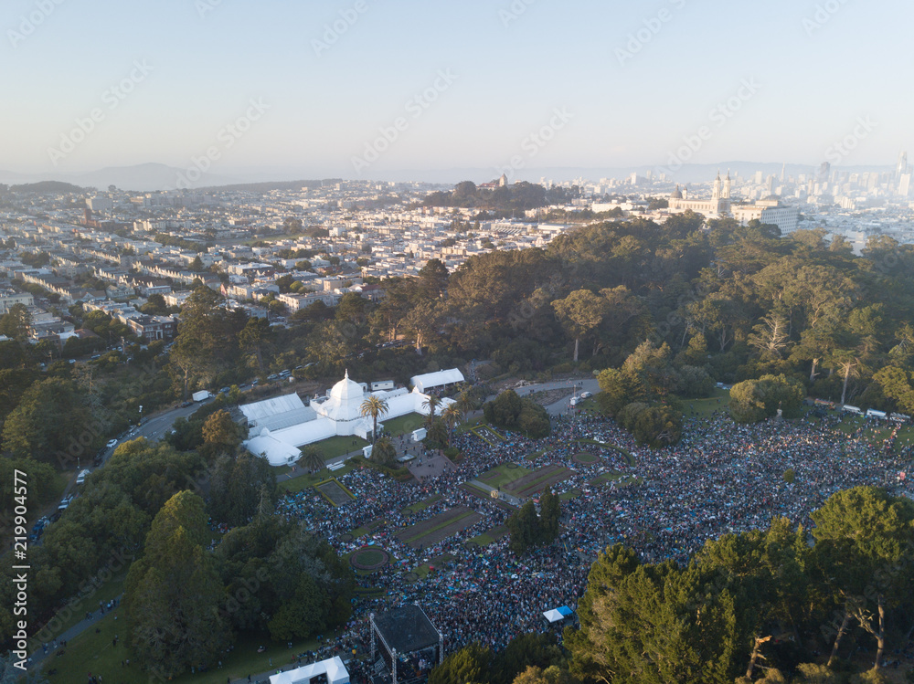 Aerial Drone Top Down Crowd Golden Gate Park Cityscape San Francisco