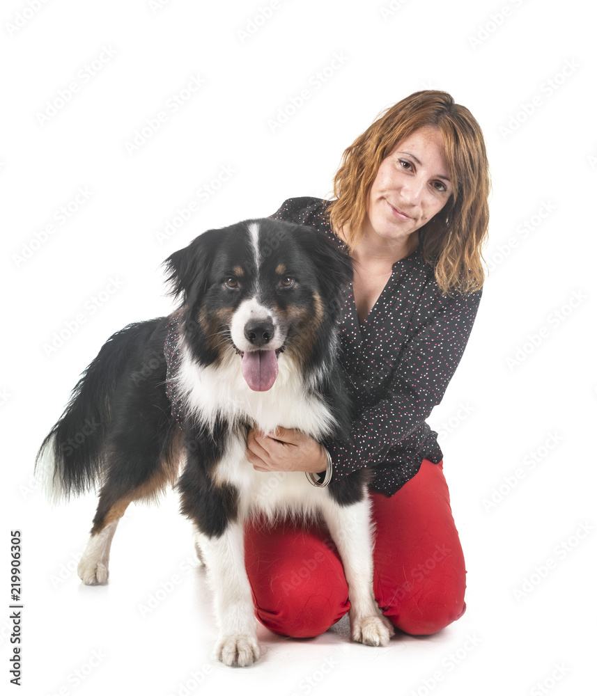 australian shepherd and woman australian shepherd and woman