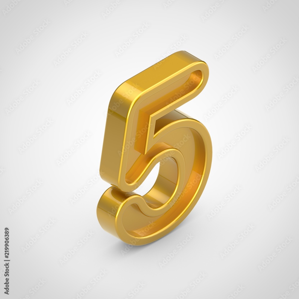 Obraz premium Golden number 5 isolated font on white background.
