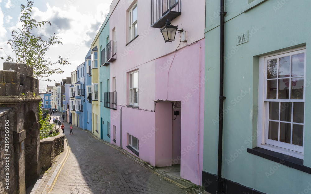 Pastel coloured houses in the Pembrokeshire town on Tenby in South Wales