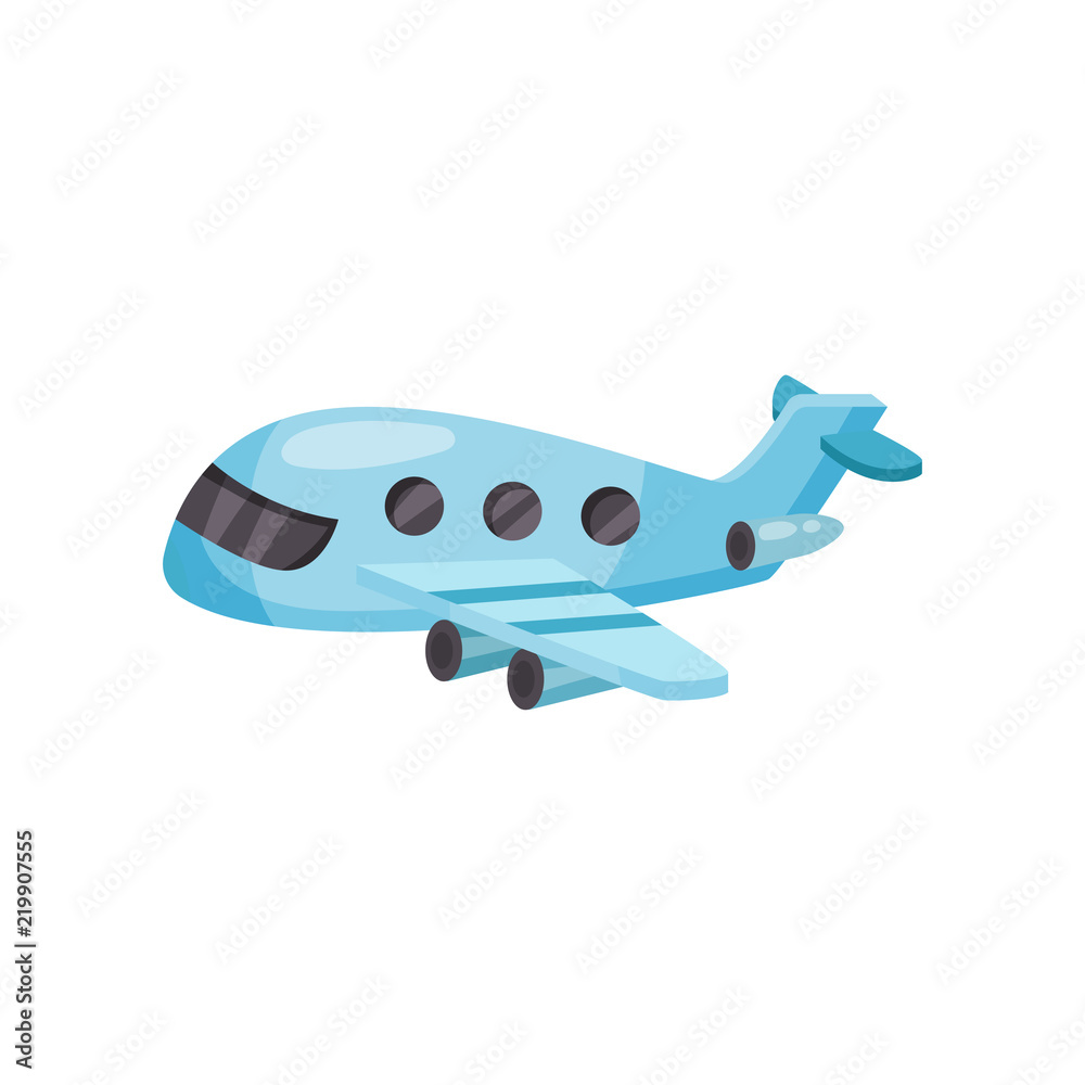 Cartoon passenger airplane. Small blue plane with jet engines. Flat vector for mobile game or advertising poster of travel agency
