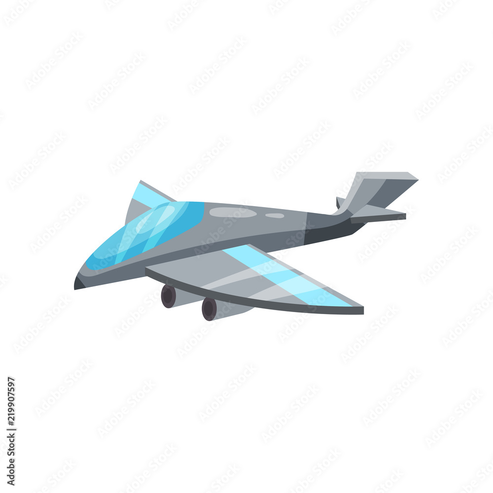 Cartoon icon of gray military jet plane. Aircraft with powerful engines. Air force fighter. Flat vector design Cartoon icon of gray military jet plane. Aircraft with powerful engines. Air force fighter. Flat vector design