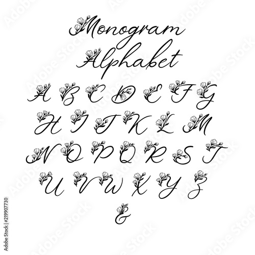 Vector Calligraphy Alphabet. Exclusive Floral Letters. Decorative handwritten brush font for  Wedding Monogram  Logo  Invitation. Wedding floral font isolated on white background