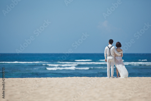 bride and groom couple on the ocean shore