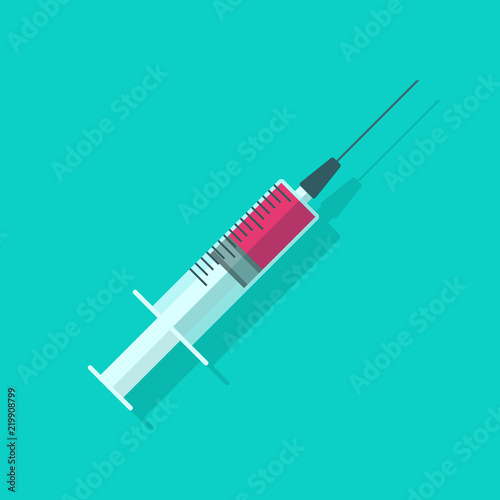 Syringe vector illustration, flat cartoon medical needle icon with full of vaccine or blood, clinical injector or squirt isolated