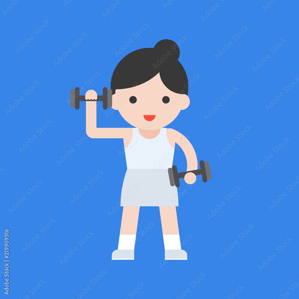 cute character and dumbbell weight lifting set, flat design cute character and dumbbell weight lifting set, flat design